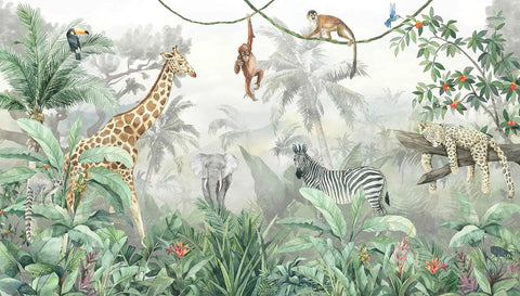 Bright Tropical Leaves And Safari Animals Kids Wall Mural For Bedroom And Living Room TV Background Not Peel And Stick Nine Piece Silk Finish Large Wall Decor Set For Playful Nurseries And Shared Spaces.