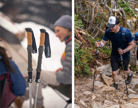 Trek-Z Cork Grip Trekking Poles for Hiking, ultra lightweight folding poles with adjustable height and cork handles while hiking.