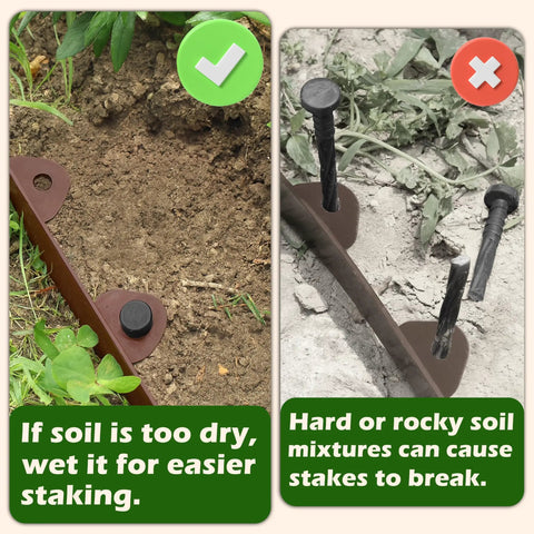 Comparison of brown polymer edging kit installation in dry vs. rocky soil. Shows correct and incorrect staking method for Landscape Edging Kit No Dig Garden Border 40 Foot Long 3 Inch Tall Brown Polymer Edging For Flower Beds Tree Rings And Pathways Includes 40 Spikes Weather Resistant Durable Flexible Easy Install