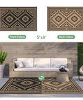 Reversible Waterproof Outdoor Rug 5x8 Ft For Patio Deck Porch RV Beach And Backyard With Black And Brown Geometric Pattern