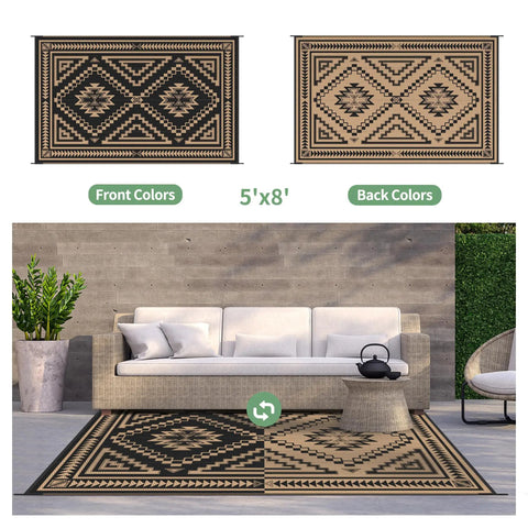 Reversible Waterproof Outdoor Rug 5x8 Ft For Patio Deck Porch RV Beach And Backyard With Black And Brown Geometric Pattern