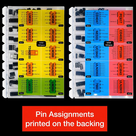 IC Kit 161 Pieces 20 Models Analog Integrated Circuits Electronics Parts Pack with pin assignments on backing.