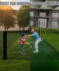 Upgraded All In One Baseball Batting Cage With Steel Frame And Net 22 By 12 By 8 Feet, child and adult practicing in backyard cage