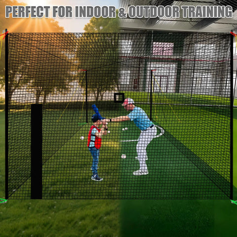 Upgraded All In One Baseball Batting Cage With Steel Frame And Net 22 By 12 By 8 Feet, child and adult practicing in backyard cage