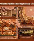 Moon City 3D DIY Puzzle With LED Light, Wooden Night City Model details showcasing city silhouette and intricate design