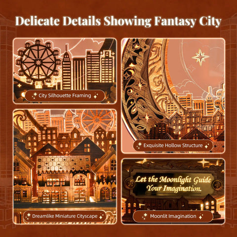 Moon City 3D DIY Puzzle With LED Light, Wooden Night City Model details showcasing city silhouette and intricate design