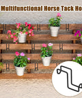 Multifunctional Two Pack 4 Inch Heavy Duty Tack Hooks Over Rail Bridle Rack with flowers in pots on wooden fence