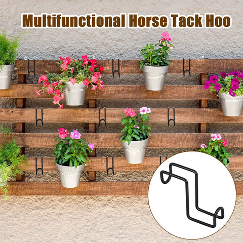Multifunctional Two Pack 4 Inch Heavy Duty Tack Hooks Over Rail Bridle Rack with flowers in pots on wooden fence