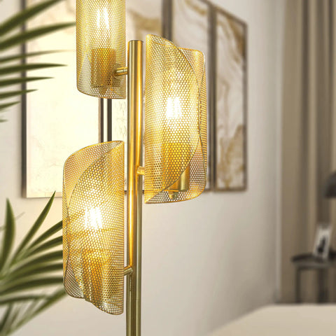 LED Tree Floor Lamp With 3 Light Heads In Brass Finish, Metal Cage Shade, Tall Standing Lamp For Living Room, Bedroom Or Office Modern Industrial Vibe, Mid Century Modern Style, Cozy, Bright Illumination