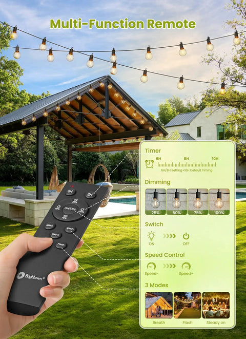 58 Foot Solar String Lights Outdoor With Remote Control, 26 LED Shatterproof Bulbs over pergola with hand holding remote