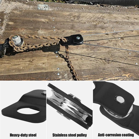 Beefy Heavy Duty Winch Snatch Block Tow Pulley For Off Road Recovery Up To Eight Thousand Pounds Four Ton Capacity Fits One Quarter Inch To Five Sixteenths Inch Winch Cable with steel body and stainless pulley