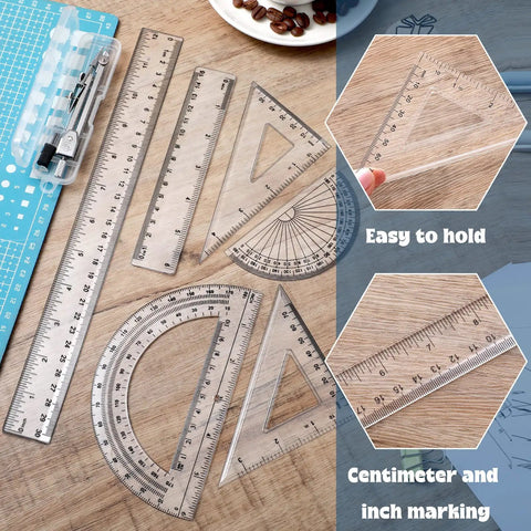 Real Deal 7 Piece Geometry Set With Fine Tip Drawing Compass And 6 Plus 4 Inch Protractors Clear Triangle And Straight Ruler on wooden surface.