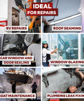 Multiple uses of White Butyl Sealant Tape One Half Inch By Thirty Feet Mess Free Waterproof Auto Sealant For RV Windows And Roofs EPDM Patch Putty For Windshield Headlights And Car Doors shown in repairs.