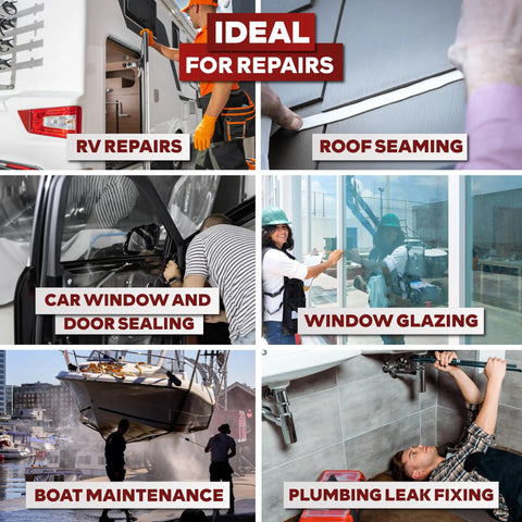 White Butyl Sealing Tape One Eighth Inch By Three Quarter Inch By Thirty Foot Plumbers Putty Tape For RV And Boat Sealant Weatherproof Leakproof Waterproof EPDM Rubber Sealant shown in repair situations for RV, roof, car, window, boat, and plumbing.