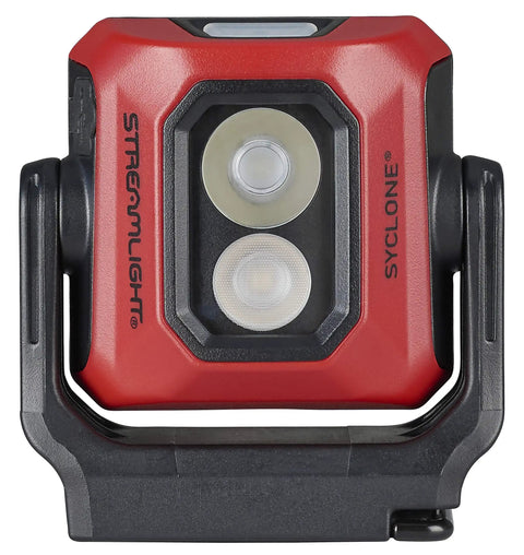 Front view of Syclone 400 Lumen USB Rechargeable MultiFunction Compact Work Light with magnetic base and red finish