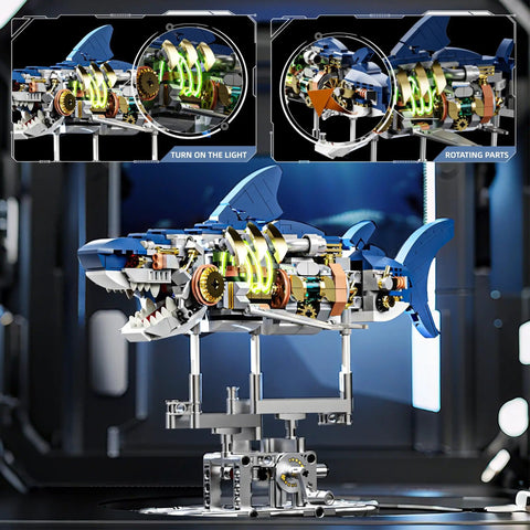 687 Piece Dope Mechanical Shark Building Set With LED Light And Movable Gear System Display Stand, Ocean Themed Building Block Toy For Adults Teens And Kids Age 12 And Up
