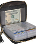 Women's Credit Card Holder Wallet Zip Leather Card Case RFID Blocking with 40 Card Slots and 2 ID Windows, open view with cash.