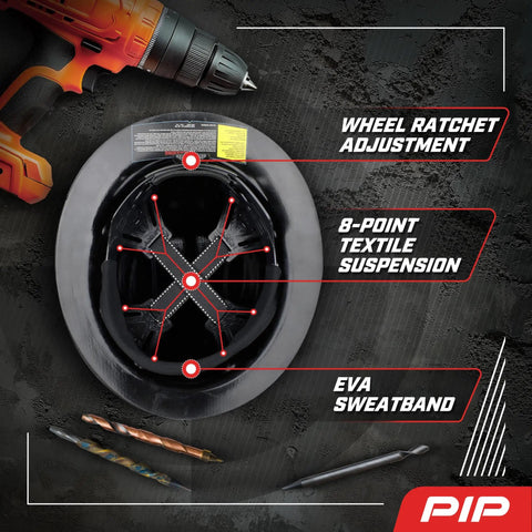 Interior view of WolfJaw Fiberglass Full Brim Hard Hat With Wheel Ratchet showing 8-point suspension and sweatband