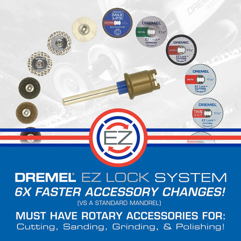 Front view of Dremel EZ Lock Starter Kit with 1.5-inch fiberglass reinforced cut-off wheels and EZ402 mandrel