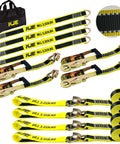 Heavy Duty Car Trailer Tie Down Straps Kit Four 2x10 Inch Ratchet Straps With J Hooks And Clips Plus Four 2x36 Inch Axle Straps 10,000 Lbs Break Strength Reflective Black And Yellow Webbing For Safe Night Time Car Truck UTV Transport