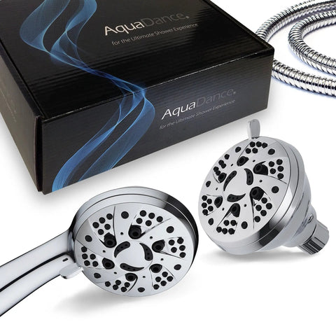 Total Chrome High Pressure Three Way Shower Head And Handheld Combo With Rain Setting next to box and hose