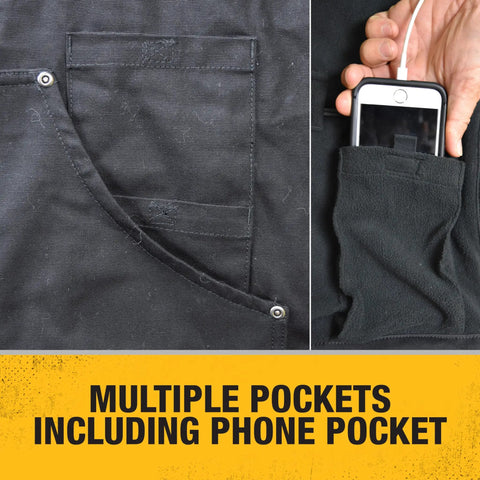 Unisex Heated Heavy Duty Work Coat Without Battery Black Large Built For Cold Weather Water And Wind Resistant Duck Fabric With Durable Outer Layer Cozy Lined Interior Worksite Ready Tough As Nails For Construction And Outdoor Jobs Battery Not Included showing multiple pockets including phone pocket