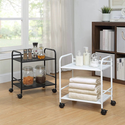 Sturdy White Two Tier Metal Rolling Utility Cart With Smooth Swivel Casters And Reinforced Steel Trays For Tight Quarters And Busy Desks That Truly Acts As A Legit Footprint Saver For Every Home Office Layout