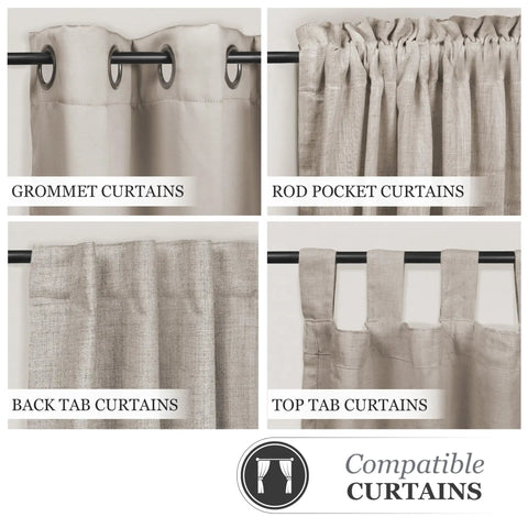 Chelsea Ball End Curtain Rod For Windows with various curtain types: grommet, rod pocket, back tab, and top tab options.