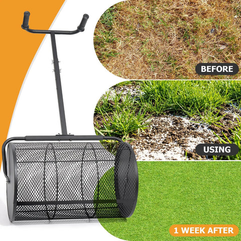 Compost Spreader 24 Inch Wide Peat Moss Spreader With U Shaped Handle showing before and after lawn results