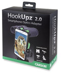 Packaging of HookUpz Two Point Zero Universal Smartphone Optics Digiscoping Adapter showing compatibility with optics devices.