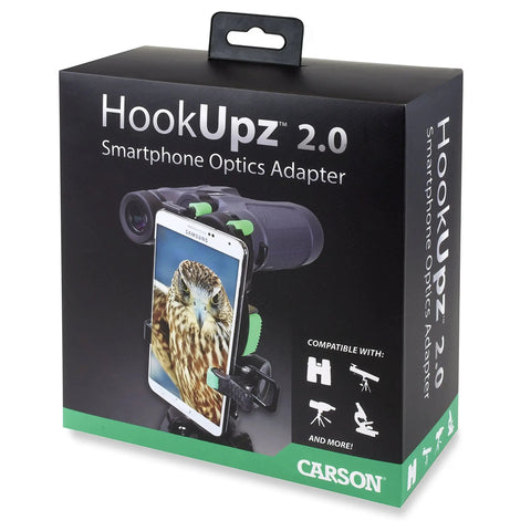 Packaging of HookUpz Two Point Zero Universal Smartphone Optics Digiscoping Adapter showing compatibility with optics devices.