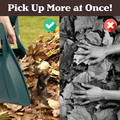 Leaf Scoops Hand Rakes For Easy Leaf Cleanup And Mulch Spreading Ultra Lightweight Yet Durable Grabber Tool in use vs hands