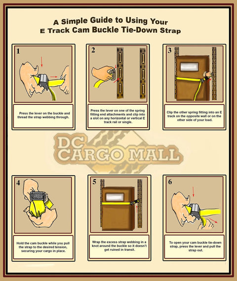 Illustration guide for using E Track Cam Buckle, part of Heavy Duty Trailer Tie Down Kit With Two 20 Ft Ratchet Straps, Two 16 Ft Ratchet Straps, Two 12 Ft Cam Buckle Straps, Ten End Caps, And Two Storage Bags For Quick, Solid Cargo Security On Your Trailer, Rails Not Included.