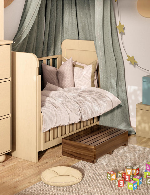 Six Point Five Inch One Step Stool For Seniors And Adults With Walnut Wood Finish in nursery near bed and toys