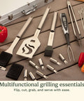 Front view of Cuisinart 20-piece stainless grill tool set with aluminum case and digital thermometer