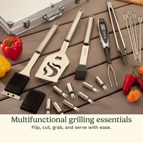 Front view of Cuisinart 20-piece stainless grill tool set with aluminum case and digital thermometer