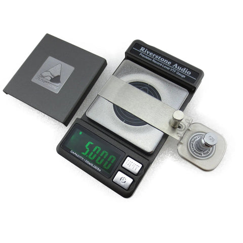 Precision Digital Stylus Tracking Force Scale For Turntables, VTF Gauge For Tonearm And Phono Cartridge, 0.005g Resolution, Graphite Finish, Accurate Vinyl Setup For Serious Purists. Graphite digital VTF gauge with cantilever arm, case, and 5.000g display