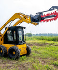Yellow skid steer loader with Workhorse Skid Steer Trencher Attachment With Beefy Steel Frame And Tungsten Carbide Teeth outdoors