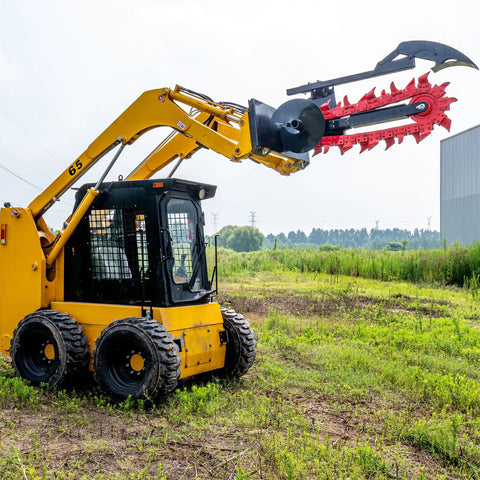 Yellow skid steer loader with Workhorse Skid Steer Trencher Attachment With Beefy Steel Frame And Tungsten Carbide Teeth outdoors