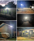 Collage showing Beefy 1200 Lumen Solar Flood Light Outdoor Waterproof With Dual Motion Sensor illuminating driveways and gardens at night.