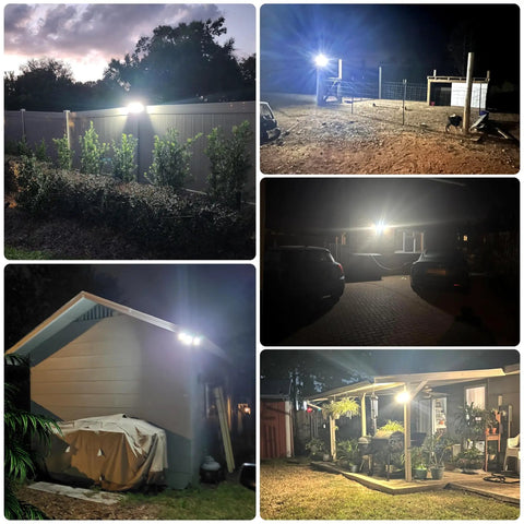 Collage showing Beefy 1200 Lumen Solar Flood Light Outdoor Waterproof With Dual Motion Sensor illuminating driveways and gardens at night.