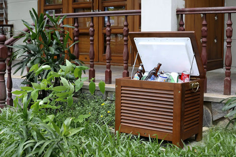 Wooden Patio Cooler With Eucalyptus Exterior And Double Wall Insulation Fully Assembled Ready For Backyard BBQ Sessions Side Carry Handles Durable Outdoor Party Cooler
