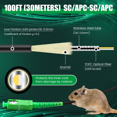 Premium Armored Os2 Sc Apc Fiber Optic Internet Cable One Hundred Feet Single Mode with visible stainless steel tube and aramid protection.