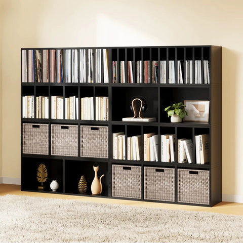 DIY Modular Cube Bookcase System With 23 Cube Open Shelves Stackable And Expandable Cube Set For Books Fabric Storage Bins And 7 To 10 Inch Vinyl Record Organizer Black in living room