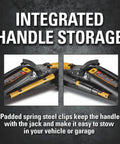 Integrated handle storage of Heavy Duty 2 Ton Cat Wheelie Off-Road Trolley Jack with padded spring steel clips.