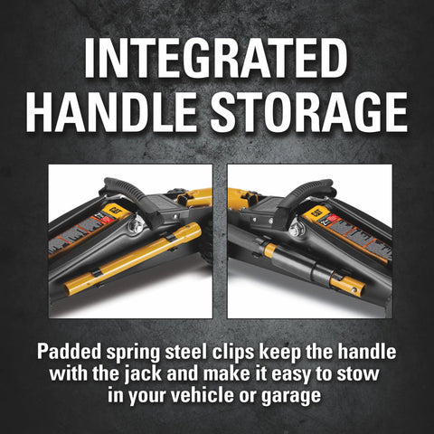 Integrated handle storage of Heavy Duty 2 Ton Cat Wheelie Off-Road Trolley Jack with padded spring steel clips.
