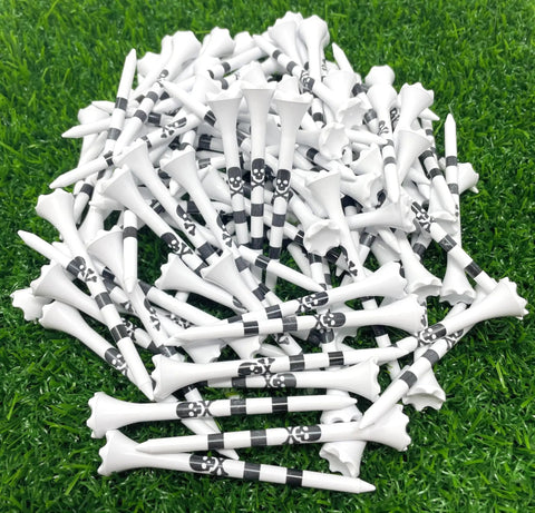 Skull And Crossbones Golf Tees, 3 1/4 Inch Plastic Tees With Black Stripes, Durable 6 Prong Cup, 100 Tees Bulk In Clear Bag on grass