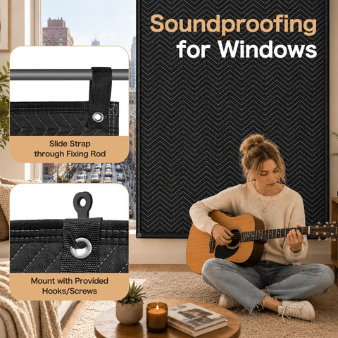 Straight Up Heavy Duty 48X80 Sound Absorbing Studio Blanket With Metal Grommets For Wall Hanging, used here for window soundproofing.