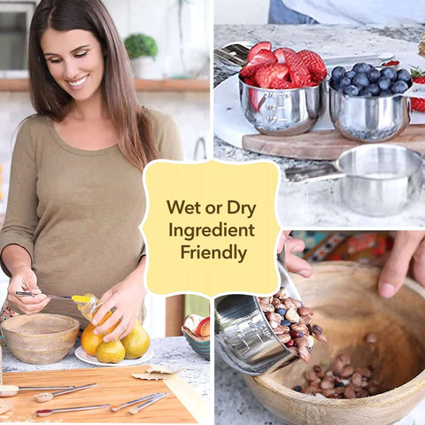 Pro Chef Grade Stainless Steel Measuring Cups And Spoons Set Of 12 For Dry And Liquid Use, shown in kitchen setting with fruit and beans