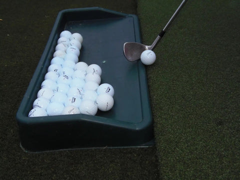 Golf club hitting ball from green Commercial Quality Golf Ball Tray For Practice Mats High Impact Plastic Flange Sits Under Mat